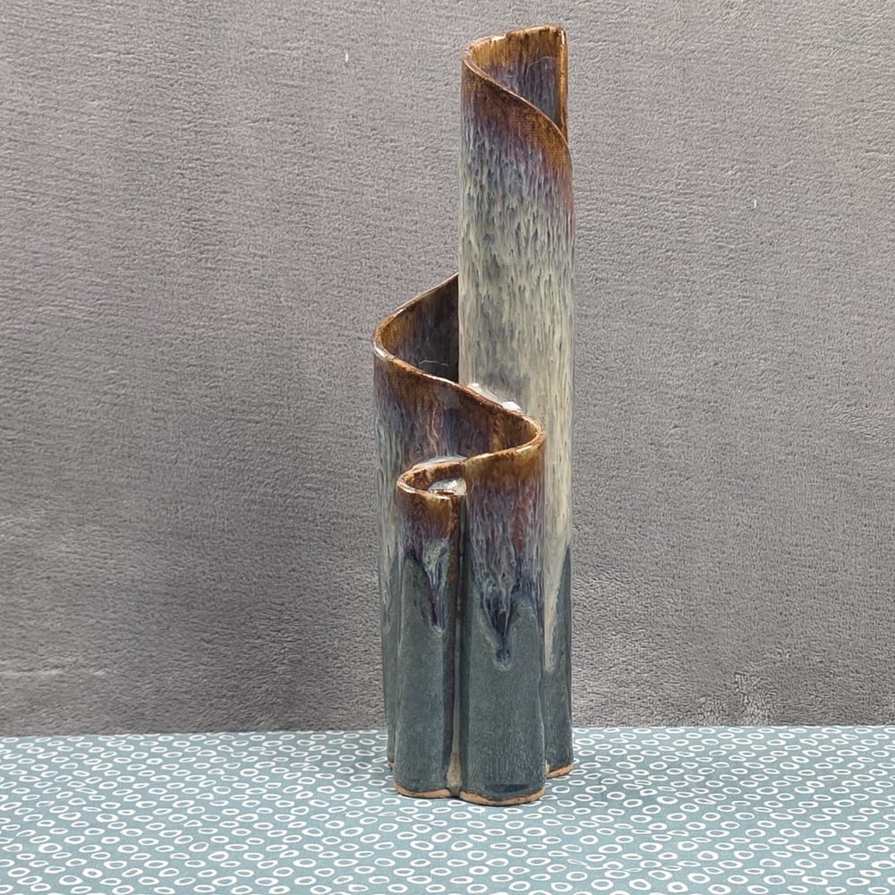 Vintage Bay Pottery 4 Chamber Bud Vase Blue Glazed 10.5 Inch Ribbon